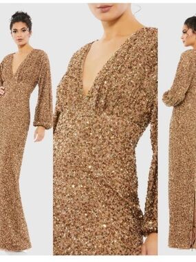 MAC DUGGAL Brown Sequined Puff Sleeve V Neck Gown
